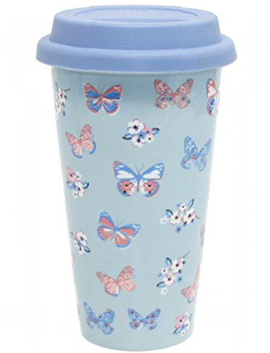 Insulated Double Walled Travel Mug Ceramic Vintage Butterfly (Duck Egg Blue)