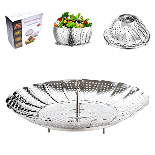 BangShou Steaming Basket for Cooking, 9'' Stainless Steel Vegetable Steamer for Saucepan, Metal Collapsible Pan Steamer Insert for Food, Small Folding Veg Petal Steamer with Handle