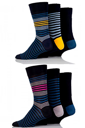 Mens 6 Pair SOCKSHOP Comfort Cuff Plain Bamboo Socks - Mixed Stripe 7-11