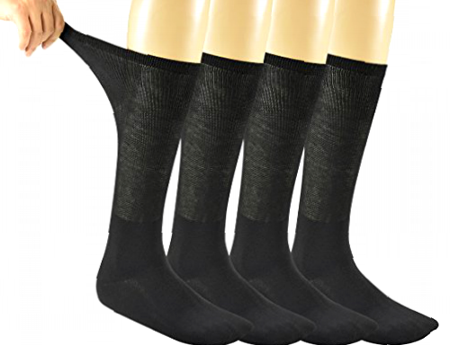 Yomandamor Men's Bamboo Seamless Diabetic Socks Over the Calf Loose Top White Black Socks,4 Pairs