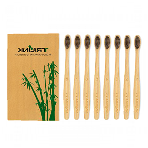 TriLink Natural Bamboo Charcoal Toothbrush (8 Pack) - 100% Organic, Biodegradable and Eco-Friendly Toothbrush with Extra Slim Soft BPA-Free Bristles for Adult