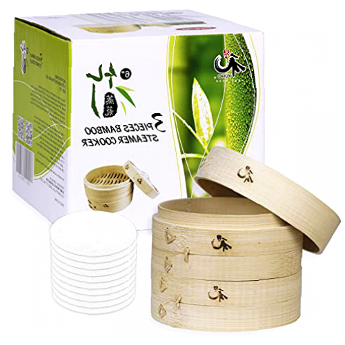 Yuho Asian Kitchen 6 Inch Bamboo Steamer Basket, Individually Box, 2 Tiers & Lid, 10 Parchment Liners, Perfect for Steaming Dumplings, Vegetables, Meat, Fish, Rice (Holiday Gifts)