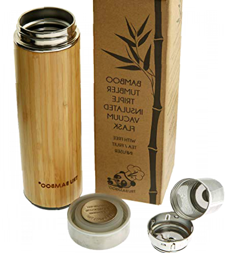 Largest Premium Real Bamboo and Stainless Steel Tumbler 530 ml / 18 fl oz | Triple Walled Thermos Insulated Bamboo Flask | Water Bottle | Travel Mug | Leak Proof | Fruit and Tea Infuser Strainer