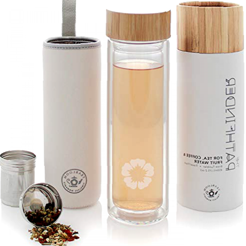 Teabloom All-Beverage Tumbler – 15 oz / 450 ml – Natural Bamboo and Tempered Glass Travel Bottle – Hot and Cold Tea Infuser – Cold-Brew Coffee – Fruit-Infused Water – Tea Tumbler – The Pathfinder