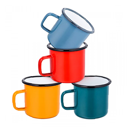 HaWare Enamel Coffee Tea Mug Set of 4 Red/ Yellow/ Blue/Green Enamel Drinking Mugs Cups, Ideal for Home/ Office/ Travel/ Camping, Resusable & Portable, 350 ml（12 Ounce