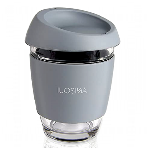 AniSqui Glass Travel Mug, 12oz 350ml Portable Coffee Cup with lid (Grey)