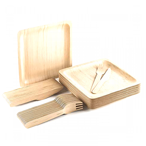 Bamboo Plates with Bamboo Cutlery Set : 25 Pack - Eco-Friendly, Biodegradable, Compostable, Disposable Wooden Plates with Disposable Wooden Cutlery Set