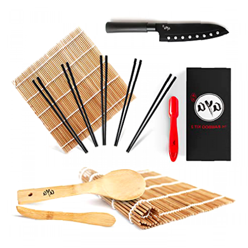 AYA Sushi Making Kit Bamboo Kit 2, Complete with Sushi Chef Knife, Online Video Tutorials, 2 Rolling Mats, Paddle, Spreader, 5 Pairs of Fiberglass Chopsticks, DIY Nigiri Maker