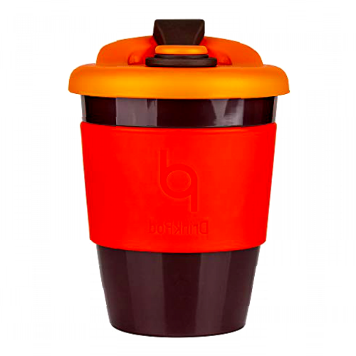 DrinkPod 12oz/340 ml Reusable Coffee Cup / Travel Mug with Rotating Rubber Lip BPA Free PLA Plastic – Volcano / Red