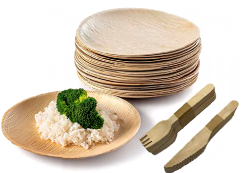 Palm Leaf Party Plates with Wooden Cutlery - 75 pcs Total - [25 Plates, 25 Wooden Forks, 25 Wooden Knives] - Disposable Wooden Biodegradable Paper Plates use with Paper Trays Bowls Cups Spoons