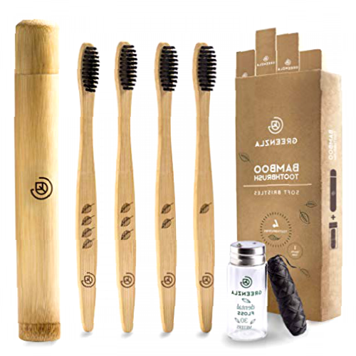 Greenzla Bamboo Toothbrush (4 Pack) with Travel Case & Charcoal Dental Floss | BPA Free Soft Bristles | Eco-Friendly, Natural Bamboo Toothbrush Set | Biodegradable & Compostable Wooden Toothbrushes