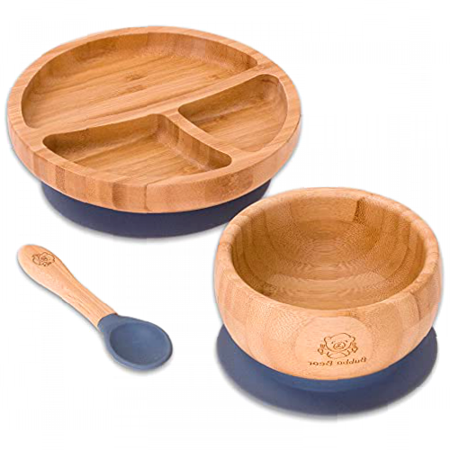 Bubba Bear ® Baby Bamboo Suction Bowl, Plate & Spoon Set | Stay Put Toddler Led Feeding Bowls & Plates | Free Guide to Weaning