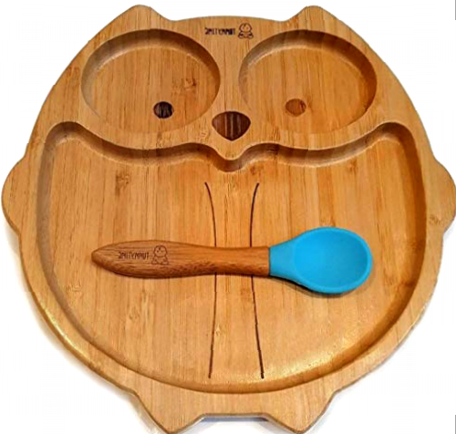 Tummy time owl Suction Plate for Baby weaning Blue, Powerful Detachable Suction Ring Natural Bamboo BPA Free Baby Plate with Matching Spoon Set for Stay Put Feeding