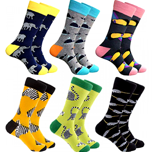 Mens Colorful Dress Socks - Funky Pattern Socks Novelty Smart Design Cotton Casual Calf Socks 6 Pairs, UK6-11.5,Animal Series