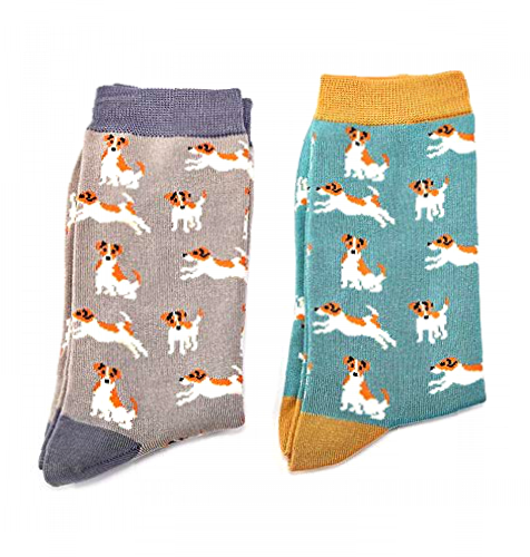 LilyRosa® Ladies Jack Russell Dogs Socks Blue Grey Dog Girls Bamboo Mix Two Pairs
