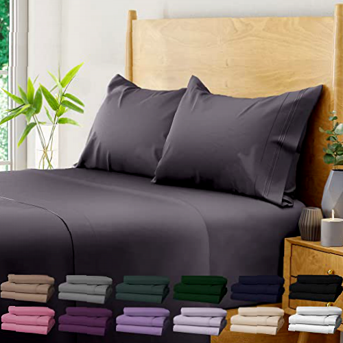 BAMPURE 100% Organic Certified Bamboo Sheets King - 4 Piece Set -Superior Soft & Cooling Sheets - Up to 16’’ Deep Pocket - Luxury Series |1 Flat Sheet, 1 Fitted Sheet, 2 Pillowcases (King Charcoal)
