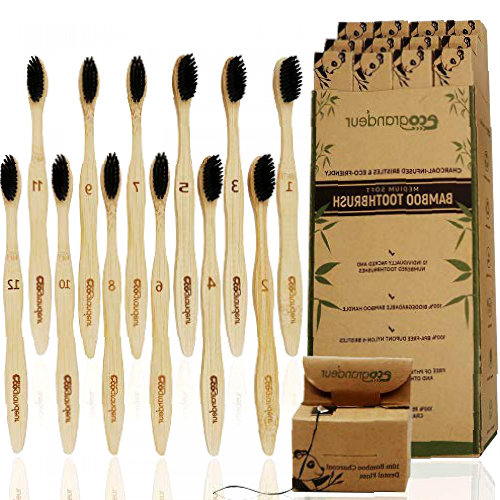 ECOGRANDEUR Organic Bamboo Toothbrushes & Free eBook, [12 Pack] with a Free Dental Floss Gift, Soft Charcoal Bristles, Eco-Friendly & Natural Wooden Toothbrush, Biodegradable, Plastic-Free Packaging.