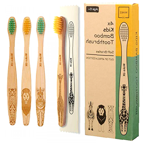 Kids Bamboo Toothbrush for Children Age 6+ | 4 Pack Soft Bristle Toothbrush by Wake UK | Hygienically Sealed | Organic & Natural | Eco Friendly | Wooden, Vegan & Biodegradable