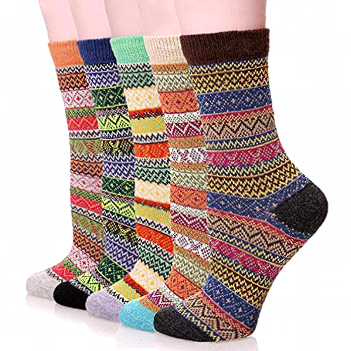 Women Winter Socks, SMALUCK 5 Pairs Thermal Wool Warm Knitting Ladies Socks Vintage Style Cotton Thick Bed Sock Multicoloured for Home Office School Hiking, Ideal Christmas Gifts 4/8 UK