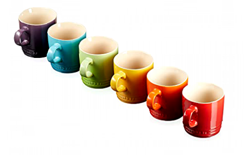 Le Creuset Stoneware Rainbow Coffee Mugs, 350 ml, Set of 6 Colours: Cerise, Volcanic, TeaLitre, Ultra Violet, SoleiLitre, Palm, 79114358359030