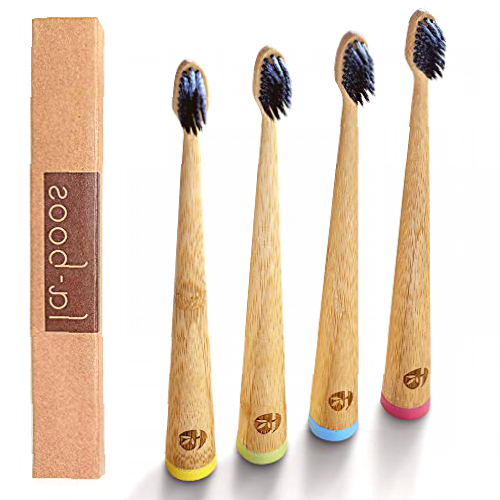 Self-Standing Charcoal Bamboo Toothbrushes with Activated Charcoal Infused Bristles, Free Standing Base with Thick, Ergonomic Grip, Soft Gum and Dental Care | By laboos (4 PCS)