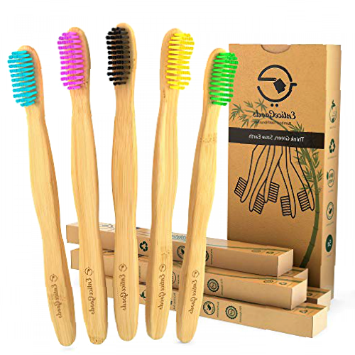 Entice Goods Bamboo Toothbrushes - Pack of 5 Eco Friendly Daily Care Wooden Brushes - Biodegradable Plastic Free Set in Multiple Colours