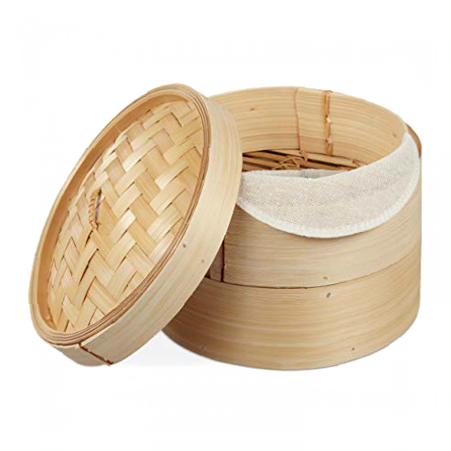 Relaxdays 10027850 Bamboo Steamer Basket, 2 Tiers, for Rice, Dim Sum, Vegetables, Fish, Organic, Asian Cuisine, Ø 20.5cm, Natural, Cotton