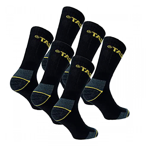 6 pairs Men's Work Socks Reinforced on Heel and Toe with Reinforced Weft CAT CATERPILLAR Yarn of Excellent Quality Cotton Sponge (Black, 6-9)