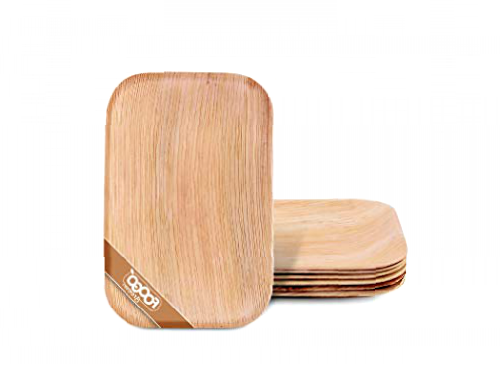 FOOGO Green 25 Disposable Palm Leaf Serving Trays|Medium 9x6 inch (22x15cm)|Starters Dessert Display Tray|Parties| Like Wooden Plates, Sturdy Hot Food Trays|Eco Friendly Biodegradable Food Trays