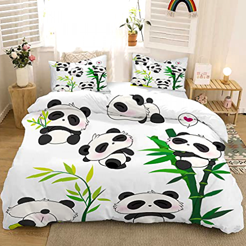 MUSOLEI Panda Double Bedding Set Girls,3D Animal Bed Sheets Double Bed Set Kids with 2 Pillow Case,Hidden Zipper,Lovely Quilt Cover,(Panda and Bamboo,Double)
