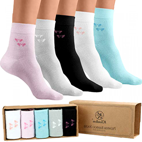 Klenton Ladies Bamboo Socks, 5 Pairs Women's Casual socks, Comfort Cuff Bamboo socks, Size 4-8 (Black, Grey, Blue, Pink, White)