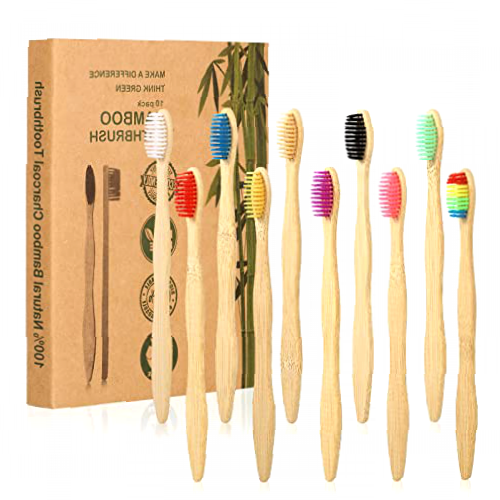 tonyg-p 10 Pack Bamboo Toothbrushes Medium Nylon Bristles Natural Biodegradable Eco-Friendly BPA Free Wooden Toothbrush Set, Assorted Colour