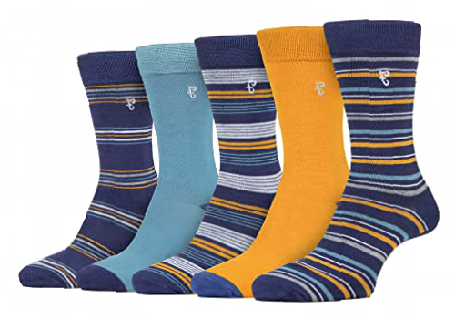 Farah - Mens 5 Pack Natural Organic Bamboo Bright Striped Patterned Socks (6-11, Navy/Blue)