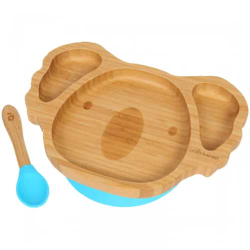 beaubaby® Koala Bamboo Suction Plate for Babies and Toddlers with Silicone Suction and Baby Spoon for Self-Feeding, Baby Led Weaning and Portion Control Divider Plate (Blue)