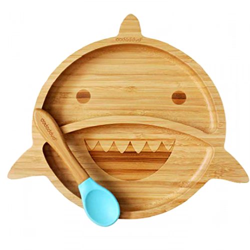Bubbaboo Bamboo Plate and Spoon Set Baby Suction Plate Shark Design (Blue)