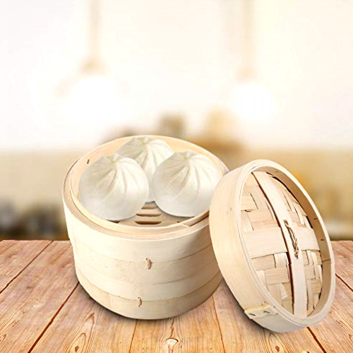 Bamboo Steamer Basket,4 Sizes 2 Tiers Bamboo Steamer Basket Chinese Natural Rice Cooking Food Cooker with Lid New for Cooking Dim Sum Buns Dumplings Vegetables(22cm)