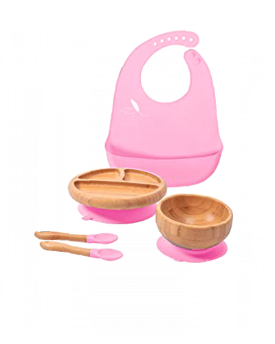 Love Earth ® - Bamboo Baby Weaning Set – 5 Piece Baby Led Weaning Set Including Suction Plate, Bowl, Spoons, and a Silicone Bib – Eco-Friendly Baby Suction Plate and Bowl for Weaning Babies (Pink)