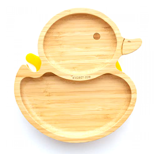 eco rascals Duck Natural Bamboo Plates for Baby Toddler | Duck Shaped Baby Suction Plate | Stay Put Feeding Plate for Weaning with Two Large Sections | Detachable Suction Base | Yellow