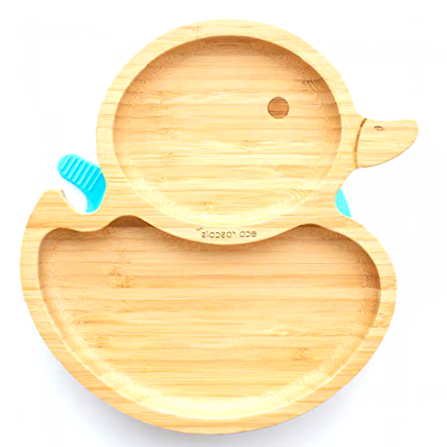 eco rascals Duck Natural Bamboo Plates for Baby Toddler | Duck Shaped Baby Suction Plate | Stay Put Feeding Plate for Weaning with Two Large Sections | Detachable Suction Base | Blue