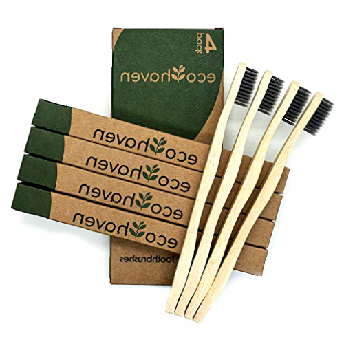 Ecohaven Vegan Charcoal Bamboo Toothbrush | Medium/Soft Bristles | Organic Biodegradable Wooden Handle | Eco-Friendly | Plastic Free Packaging | Natural Whitening | BPA Free