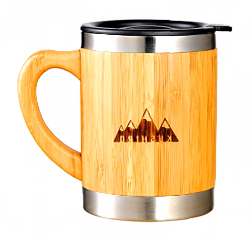 Kushiro Bamboo Thermal Mug with Lid, Reusable Thermal Tumbler Cup with Handle, Travel and Camping Mug, Tea and Coffee Cup, 400ml/13.5oz (Bamboo, 400ml)