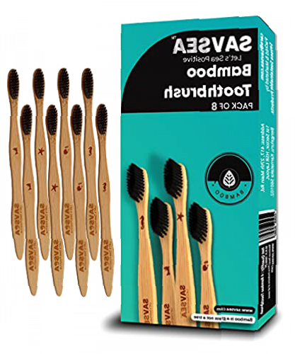 SAVSEA Soft Charcoal Bamboo Toothbrush 8 pcs Biodegradable Bamboo Toothbrush with Medium bristles (4 Count Pack of 2)(Wood)