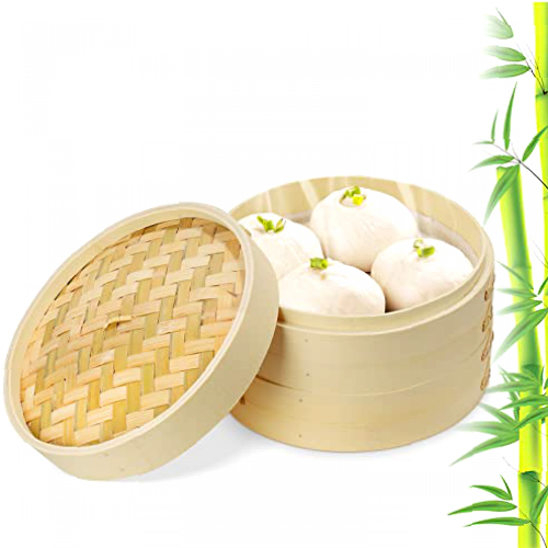 10 Inch Bamboo Steamer, 2-Tiers Organic Handmade Bamboo Steam Basket with Lid, Chinese Food Steamers, 100% Natural Bamboo Healthy Cooking, Perfect for Steamed Buns, Dumplings, Vegetables, Rice or Meat