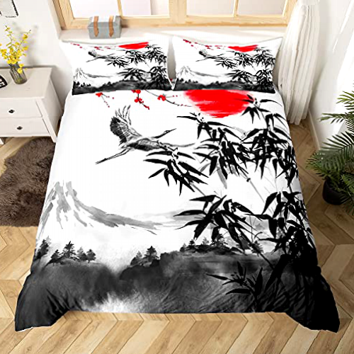 Japanese-Style Duvet Cover Mountain Crane Bedding Set King Size For Kids Teens Adult Bamboo Leaves Sun Quilt Cover Vintage Style Comforter Cover Lightweight Bedroom Decor Grey White