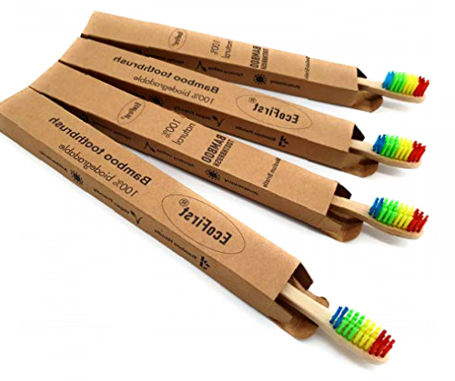 EcoFirst Set of 4 Bamboo Eco-Friendly Wooden Toothbrush Medium Firm bristles Rainbow Colour Biodegradable