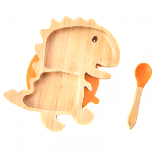 Love Earth ® - Bamboo Baby Weaning Set - Dinosaur Baby Suction Plate with Weaning Spoon - Toddler Weaning Plate & Spoon - Eco-Friendly, Natural Baby Feeding Set - Orange