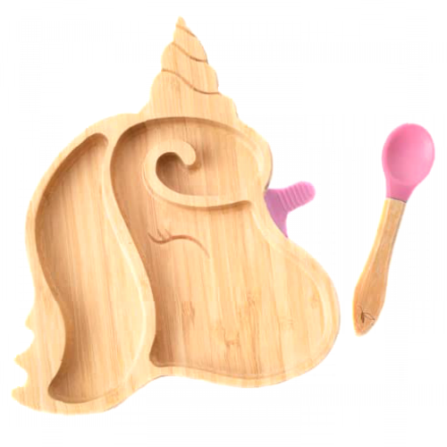 Love Earth ® - Bamboo Baby Weaning Set - Unicorn Baby Suction Plate with Weaning Spoon - Toddler Weaning Set - Eco-Friendly, Natural Baby Feeding Set - (Pink)