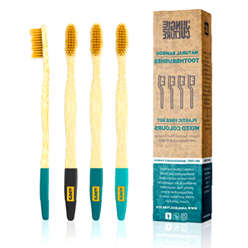 Jungle Culture® Premium Bamboo Toothbrushes • BPA Free Soft Bristle Toothbrush Set of 4 for Adults • Natural Wooden Toothbrushes • Zero Waste Dental Care • Eco-Friendly Biodegradable & Compostable