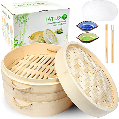 Handmade 10 Inch Bamboo Steamer, Two Tier Baskets with Lid - with Bamboo Handles - for Dumplings, Rice, Dim Sum, Vegetables, Fish and Meat - Contains 2 Pairs of Chopsticks, 2 Sauce Dishes, 60 Liners