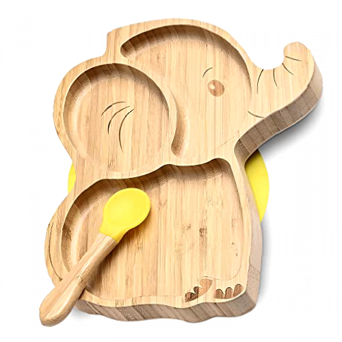 Baflow Bamboo Baby Suction Plate, Toddler Weaning Set with Spoon, Stay Put Feeding Plate, Eco- Friendly, Natural Bamboo Bowl, Perfect Baby Boy and Girl Gift